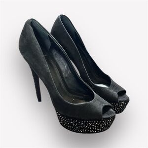 🥑Brian Atwood B Black Susie Suede Peep Toe Pumps | Crystal Studded Glam